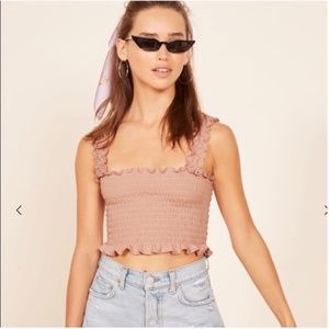 Reformation Leonore Crop Top Pink Blush XS Smocked Frilly